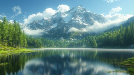 Naklejka premium Serene mountain landscape reflecting in a tranquil lake.