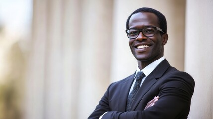 Fototapeta premium A confident businessman stands outdoors, smiling broadly with arms crossed, exuding professionalism and approachability in a city backdrop