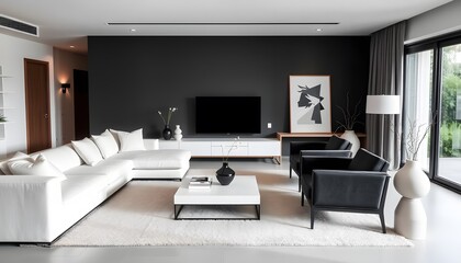 Modern Minimalist Living Room with White Sectional Sofa and Black Armchairs