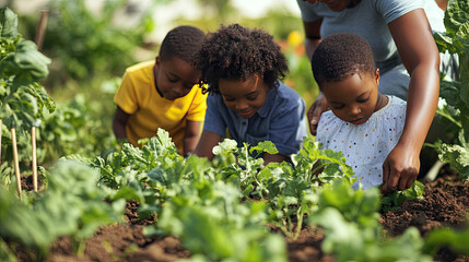 A family planting a vegetable garden together, teaching children the value of agriculture and nurturing the environment. -