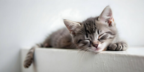A gray kitten peacefully sleeping on a white wall , cat, feline, sleep, peaceful, cozy, rest, relaxation, cute, adorable, pet