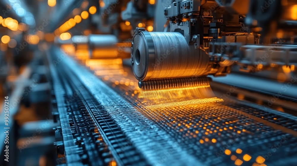 Sticker Close-up of a textile manufacturing machine with thread winding and weaving on a metal loom.