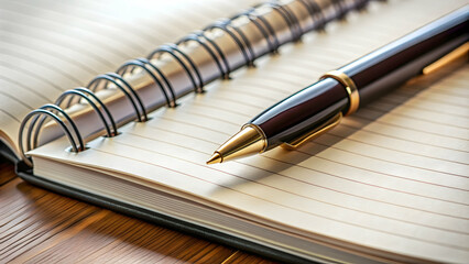 Close-up of a pen resting on an open notebook, stationery, writing, office supplies, education, school, creativity
