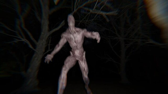 Running away from a terrifying demon in a dark forest