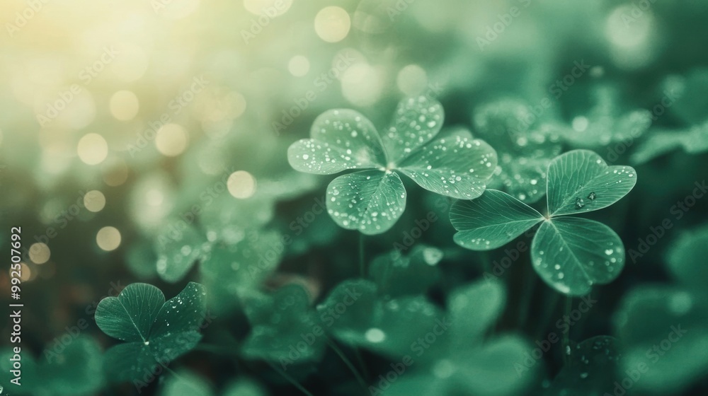 Poster dewdrops on vibrant green clovers sparkle under a gentle bokeh background, creating a tranquil and r