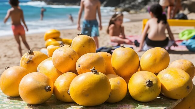 Closeup of mamoncillo fruits scattered across sunlit picnic table beachside park children playing ocean softly blurred background evoking fun relaxed atmosphere Scientific name Melicoccus bijugatus