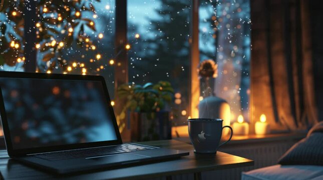 Cozy setup with a laptop and a steaming cup of coffee beside a window, offering a warm atmosphere for nighttime productivity and rel Seamless looping 4k time-lapse virtual video animation Generated AI