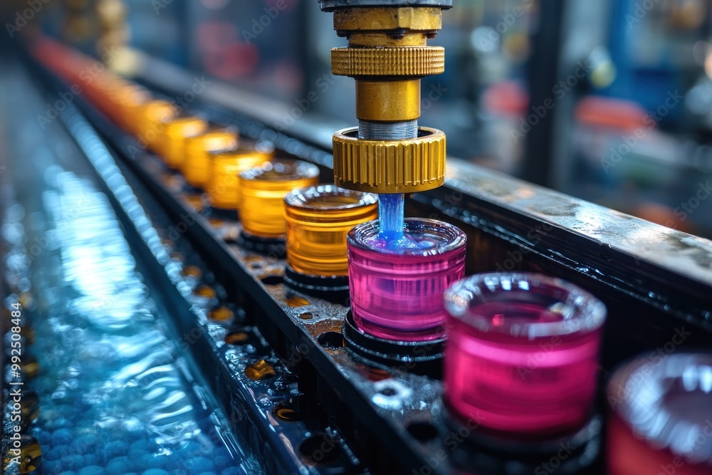 Sticker Close-up of a production line with a blue liquid being poured into small containers.