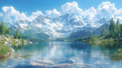 Fototapeta premium Serene mountain landscape with a calm lake and vibrant greenery.