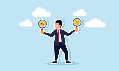 A businessman carrying two boards with smiley and sad emoticons, an illustration that every issue carries two risks: receiving praise or criticism and disappointment.