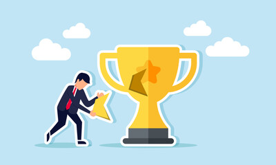 A sad and disappointed businessman carrying broken pieces of a trophy, an illustration of a businessperson's or employee's reputation damaged by their own mistakes.