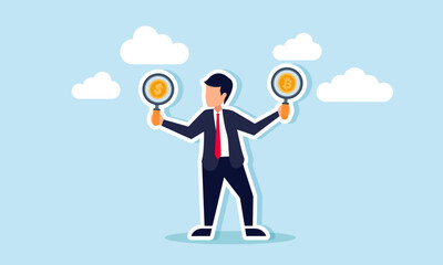 A businessman carrying two boards with dollar coins and bitcoin, an illustration of the decision a businessman must make between choosing dollar or bitcoin as currency.