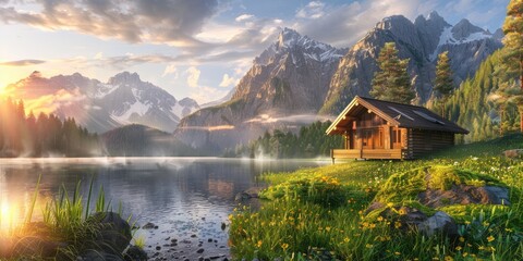Fototapeta premium A cozy wooden cabin overlooking a tranquil lake and towering mountains at sunrise, with dewy grass and spring flowers glistening in the morning light.