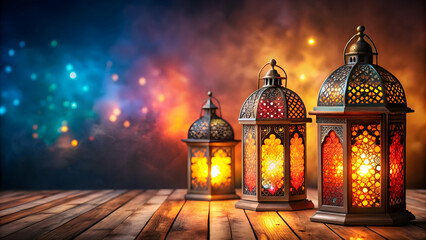 Fototapeta premium Glowing Moroccan lanterns on table for Ramadan Kareem greeting card, Moroccan, lanterns, glowing, table, Ramadan