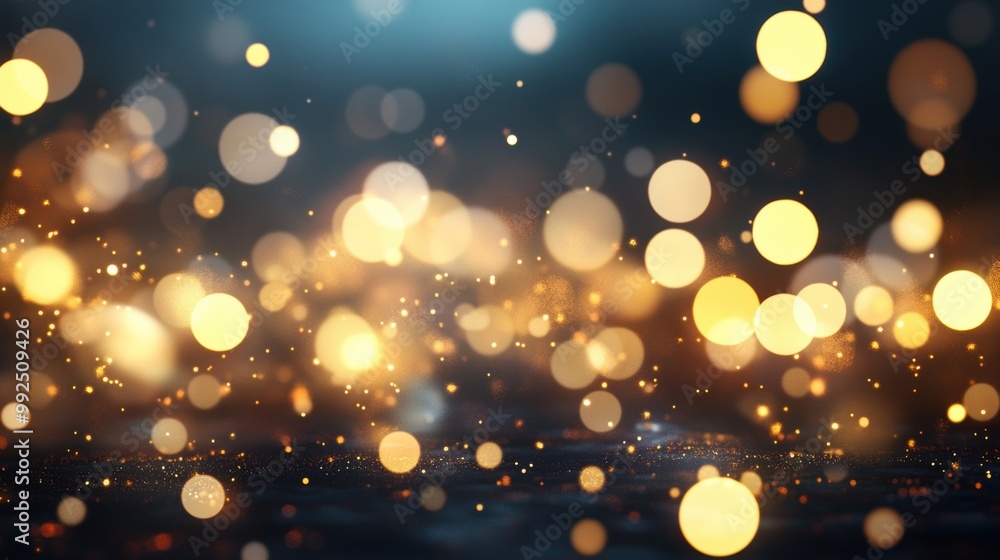 Poster soft golden bokeh light particles shimmer and dance, creating a captivating background ideal for fes