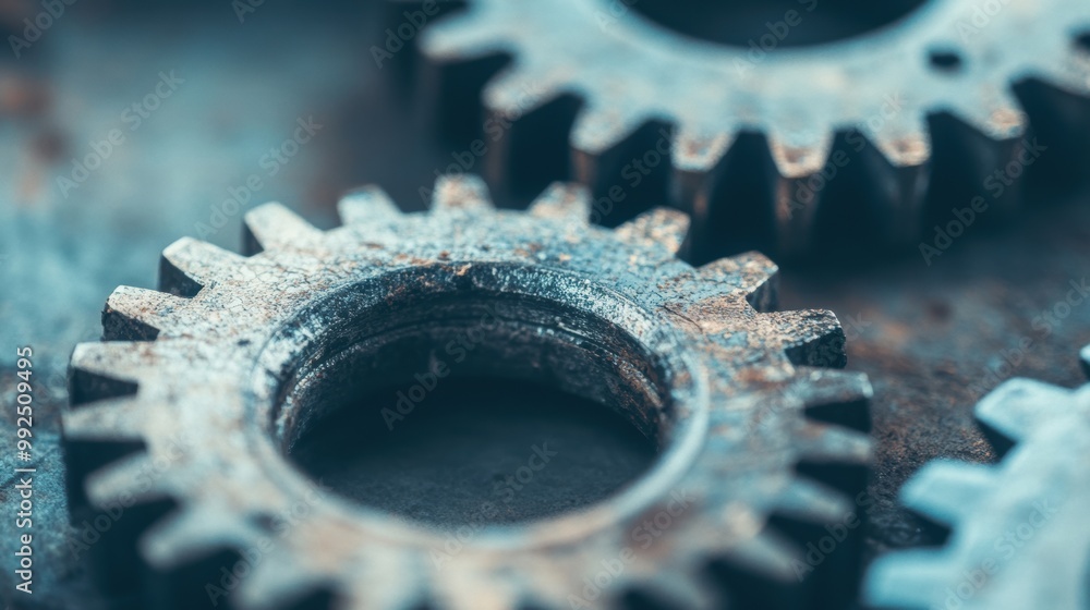 Aufkleber the image captures a detailed close-up of interlocking metal gears, illustrating their precise craft