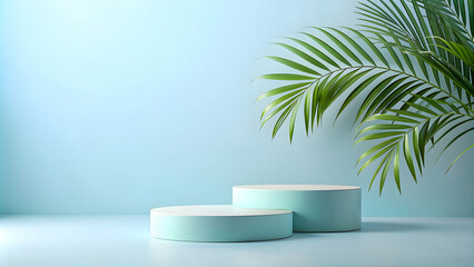 Fototapeta premium Podiums with palm leaves on light blue background, podium, palm leaves, blue, background, stage, competition, debate
