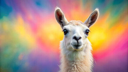 Obraz premium Cute face llama with colorful pastel background, llama, cute, face, adorable, fluffy, funny, animal, pet, pastel, background