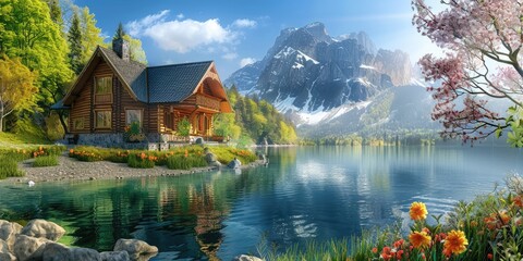 Fototapeta premium A cozy wooden house nestled by a shimmering lake, with a stunning mountain range and blooming flowers in a sunlit spring park.