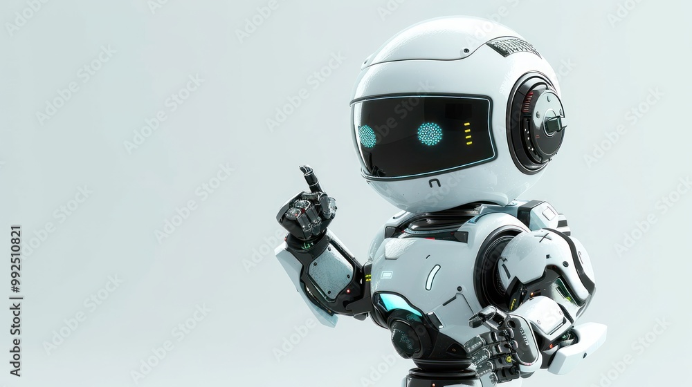 Poster cute futuristic robot pointing finger at copy space on gray background ai generated image