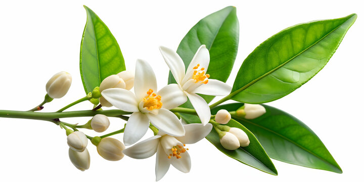 Orange blossom branch with white flowers and leaves isolated on background for a neroli citrus bloom concept , orange blossom