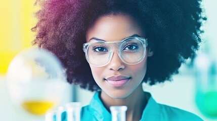 A dedicated scientist in a laboratory examines samples while surrounded by glassware and colorful solutions, showcasing her work