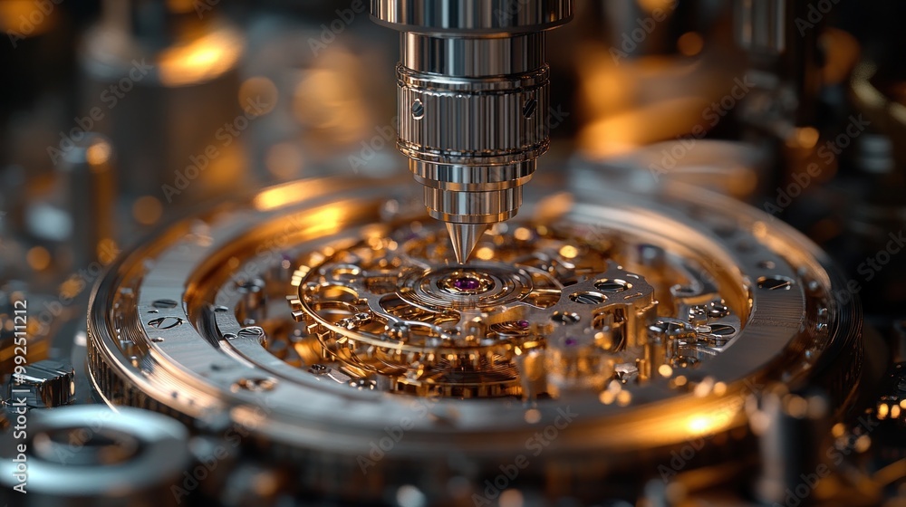 Sticker A close-up of a watch mechanism with a metal tool assembling the intricate gears.