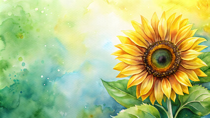 Obraz premium Sunflower watercolor painting with vibrant yellow petals and green leaves , sunflower, watercolor, painting, vibrant, yellow, petals