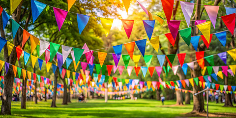 Fototapeta premium Colorful festival flags in triangular shape fluttering in the park with a blurred background , festival, flags