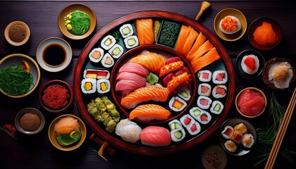 Fototapeta premium Japanese food on the table, various assorted sushi sets, top view