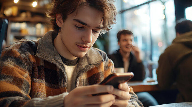 A young man playing a mobile game on his smartphone in a cozy coffee shop, with friends chatting and enjoying their drinks in the background. --