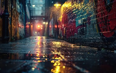 Moody urban alleyway at night with vibrant graffiti and glistening wet pavement, illuminated by soft, glowing streetlights.