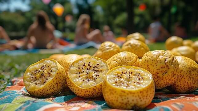 Closeup of maypop fruits scattered across bright colorful picnic blanket sunny park families enjoying the day and kites flying softly blurred in the background Scientific name Passiflora incarnata