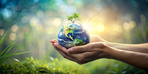 Mystical hands cradle tiny Earth against blurred natural backdrop, ancient, mystical, hands, delicate, Earth, small, gentle