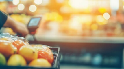 A shopper uses a contactless payment method at a checkout counter filled with groceries, emphasizing modern retail conveniences