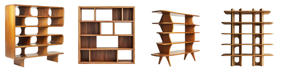 Assortment of stylish and modern wooden shelving units and bookcases in different shapes and designs for efficient home or office storage and display