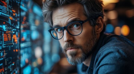 Focused Programmer in Front of a Monitor Filled With Code