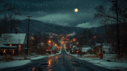 Serene winter night with a snowy street and glowing lights.