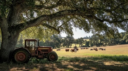 Obraz premium Rustic Tractor Under Oak Tree with Grazing Cattle