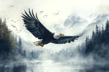 eagles in the watercolor painting soared high above the mountains 