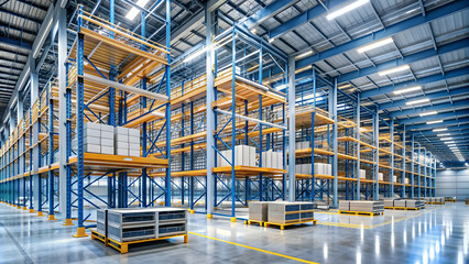 Modern industrial building interior with metal racks and automatic guided vehicles, industrial