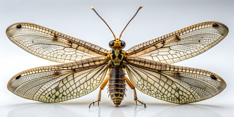 Adult antlion insect with intricate wing patterns and large mandibles, antlion, insect, Myrmeleontidae, predatory, wings