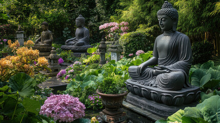 A beautiful garden filled with Buddha statues of various sizes, each surrounded by blooming flowers and lush greenery, promoting serenity and calmness.