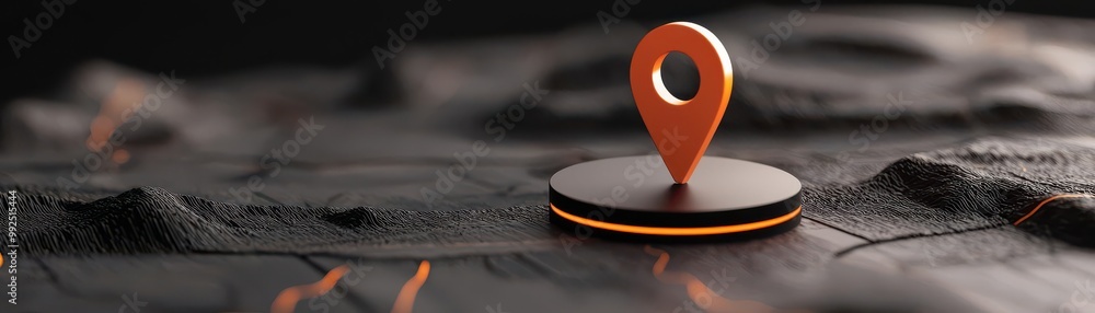 Poster a vibrant location pin standing on a textured surface, symbolizing navigation and exploration in a d