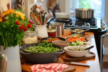 A Kitchen Table Filled With Ingredients For A Week Of Healthy Dinners. The Person Plans And Preps Each Meal To Save Time During The Week