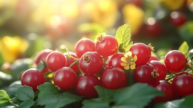 Closeup of miracle fruits scattered bright sunlit garden table with colorful flowers and vibrant cushions blurred in the background capturing a lively summer vibe Scientific name Synsepalum dulcificum