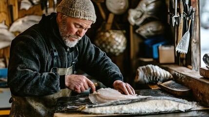 Artisan Preparing Fresh Fish in Rustic Workshop