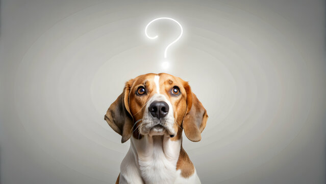 Confused dog with question mark lights above head, space for text in background , confusion, curiosity, pet