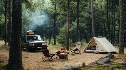 Cozy Campsite in Lush Forest with Vintage Vehicle