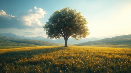 Fototapeta premium A serene landscape featuring a lone tree in a vibrant meadow.